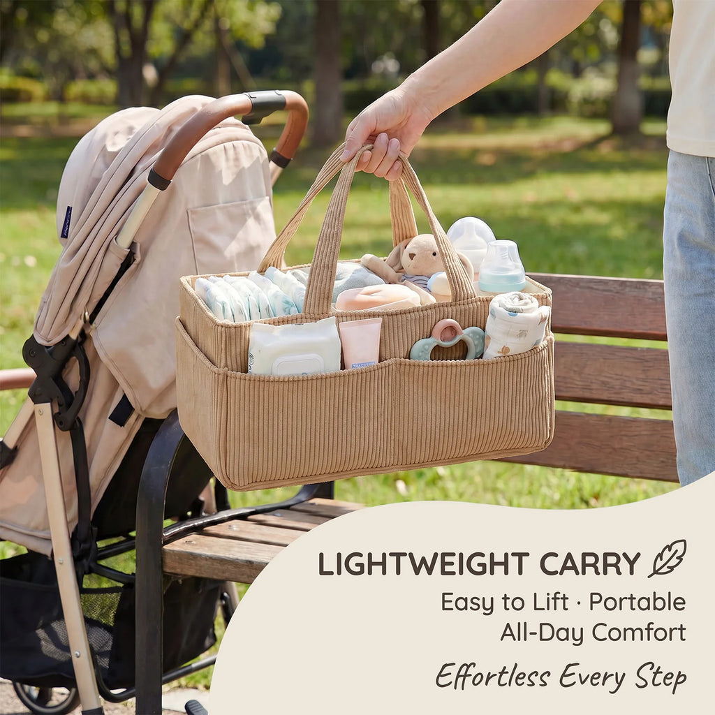 Portable Baby Diaper Caddy Organizer – Soft Corduroy Nursery Storage Basket with Handle, Multi-Pocket Baby Essentials & Toy Organizer