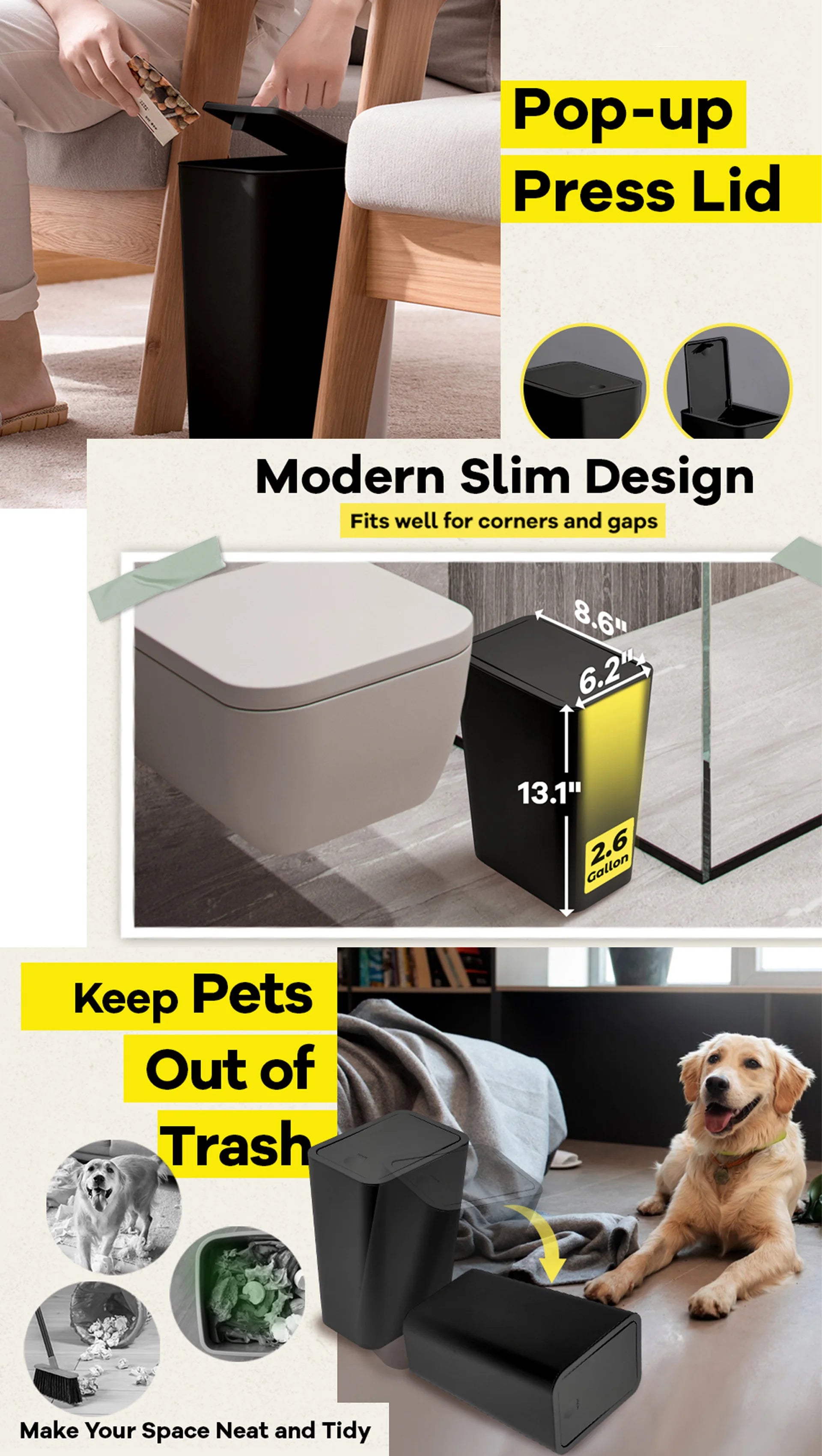 10L Bathroom Trash Can with Press Top Lid for Bedroom, Office & Small Spaces