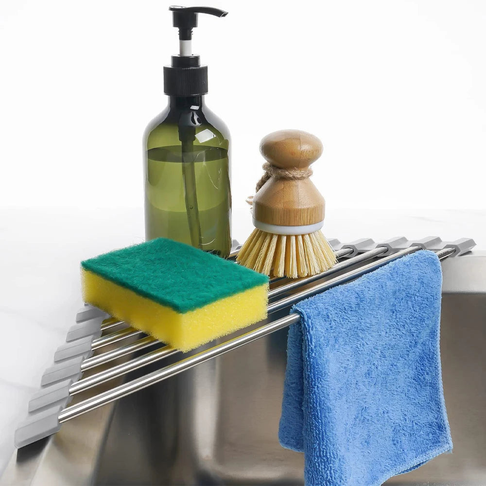 Roll Up Triangle Sink Drying Rack with Drainage Design for Kitchen Counter Organization