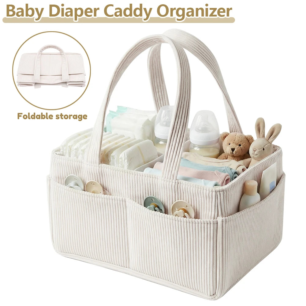Baby Diaper Caddy Organizer – Corduroy Nursery Storage Basket with Handle, Multi-Compartment Baby Essentials Organizer for Diapers & Toys