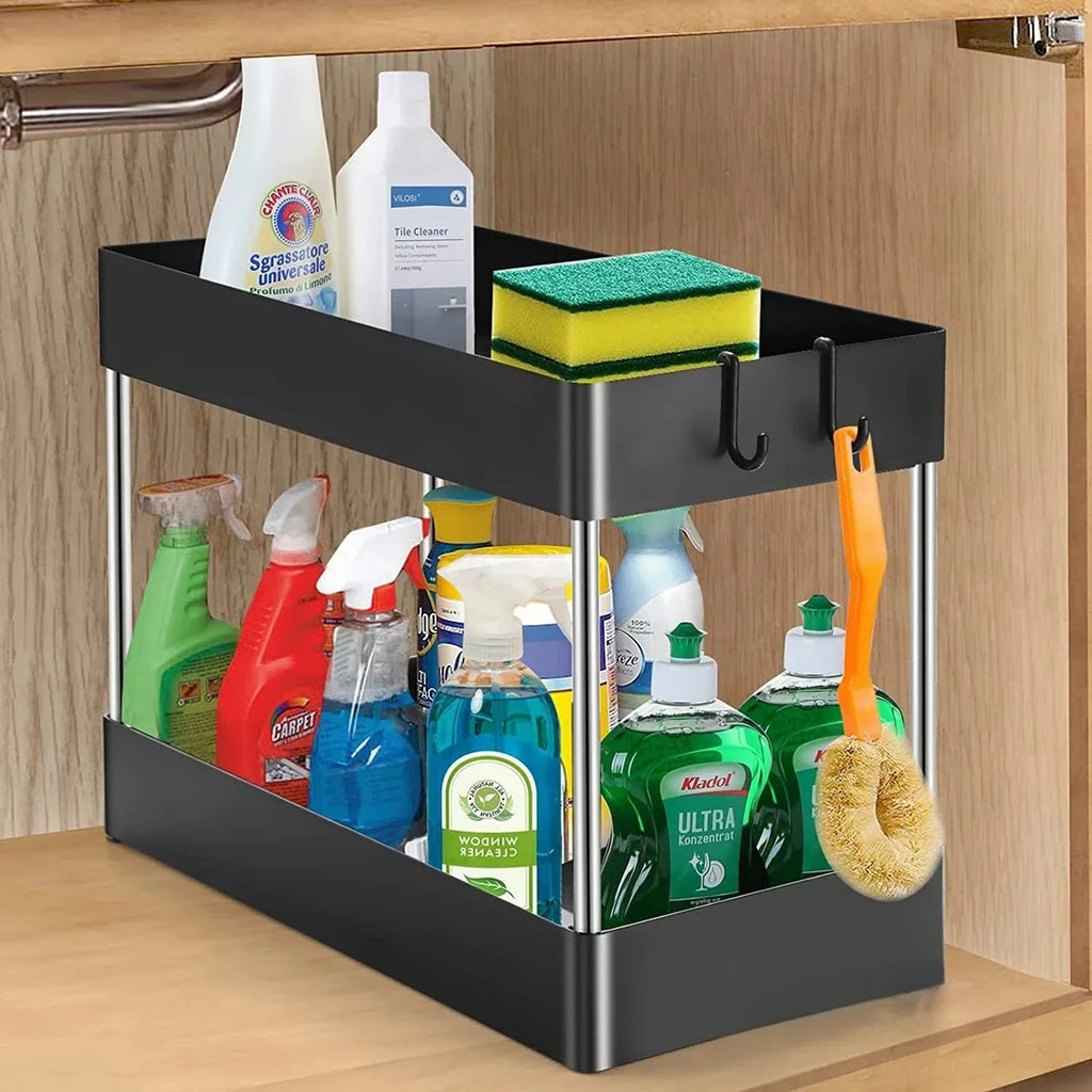 Organizador de almacenamiento para debajo del fregadero de 1/2 pieza, estante multiusos de 2 niveles con cajones para debajo del fregadero, organizador para baño y cocina