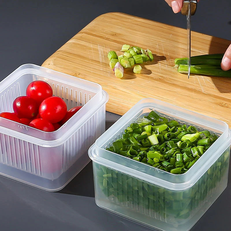 Refrigerator Storage Container with Drain Basket for Fruits & Vegetables