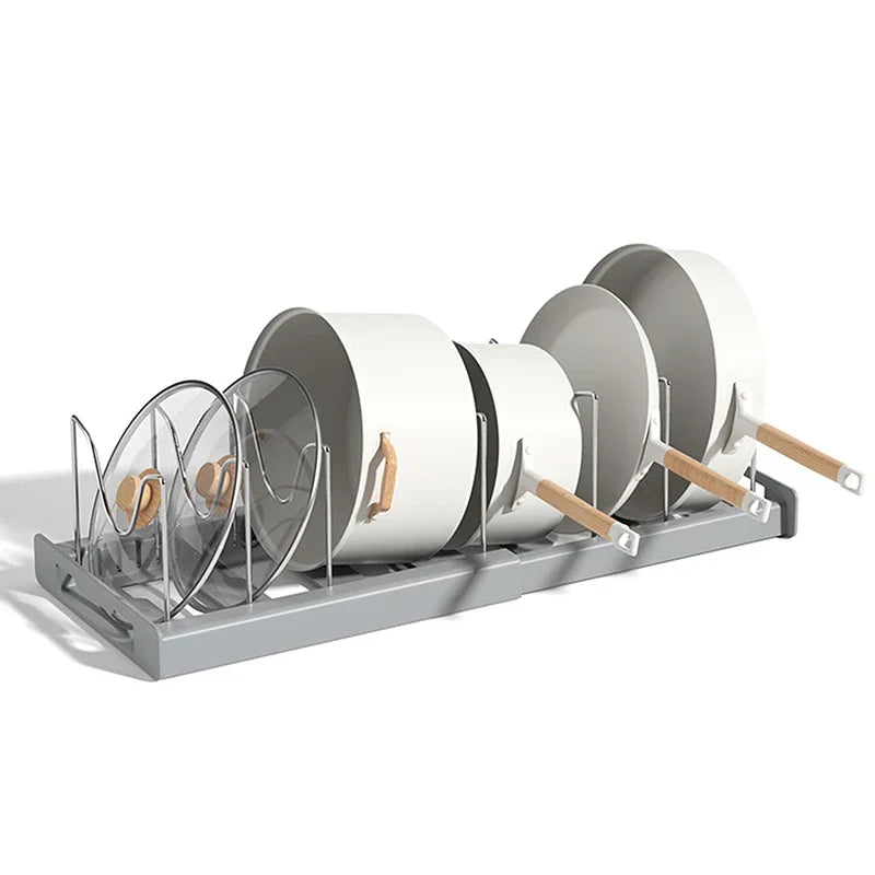 Estante organizador de sartenes expandible con 7 compartimentos ajustables, estante de almacenamiento de platos, organizador de tapas de ollas, soporte de ollas, estante de utensilios de cocina